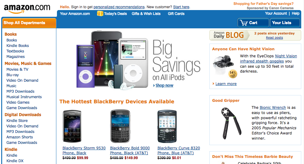 Amazon homepage with iPods and Blackberries (2009)